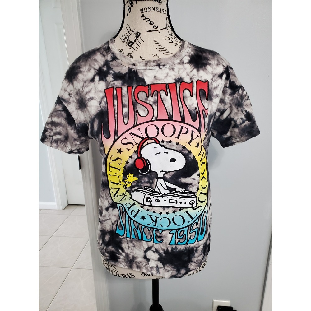 Justice Peanuts Snoopy DJ Tie Dye Graphic T-Shirt Black White Size M 10